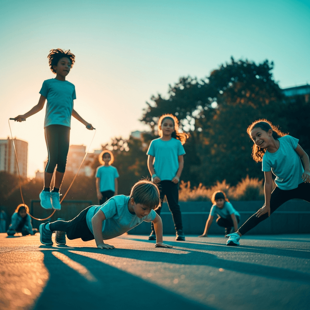 Children exercising in rounded frames